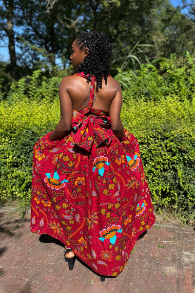 Robe longue multiway Infinity à imprimé africain - Rouge foncé & Jaune Botanical Flow