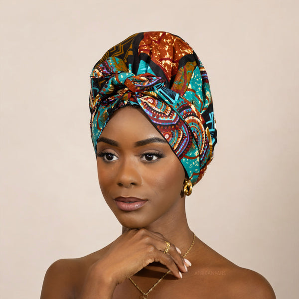 Easy headwrap - Satin lined hair bonnet - Turquoise Multicolor