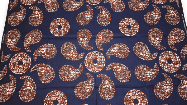 Tissu wax africain - Bleu Marron Navy Paisley Sun - 100% coton