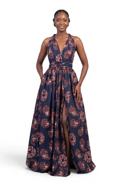 African Wax print fabric - Blue Brown Navy Paisley Sun - 100% cotton