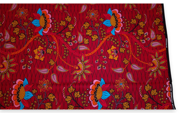 Tissu africain / tissu wax - Rouge foncé et jaune Botanical Flow - 100 % coton