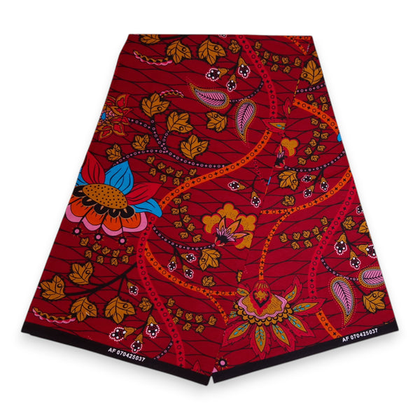 Tissu africain / tissu wax - Rouge foncé et jaune Botanical Flow - 100 % coton