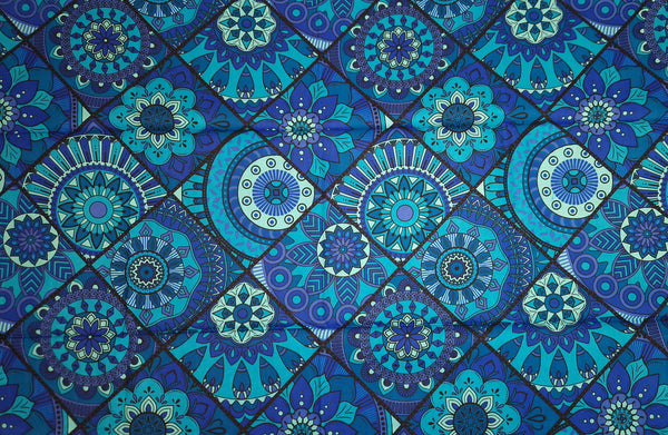 African print fabric - Blue & Turquoise Mandala Patchwork - 100% cotton
