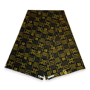 Afrikaanse Zwart / Gele X Bogolan / Mud cloth print stof - Traditioneel uit Mali 100% katoen