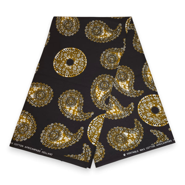 African Wax print fabric - Black Olive Paisley Sun - 100% cotton