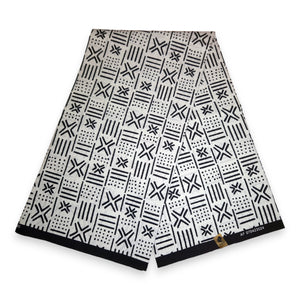 Afrikaanse Witte X Bogolan / Mud cloth print stof - Traditioneel uit Mali 100% katoen