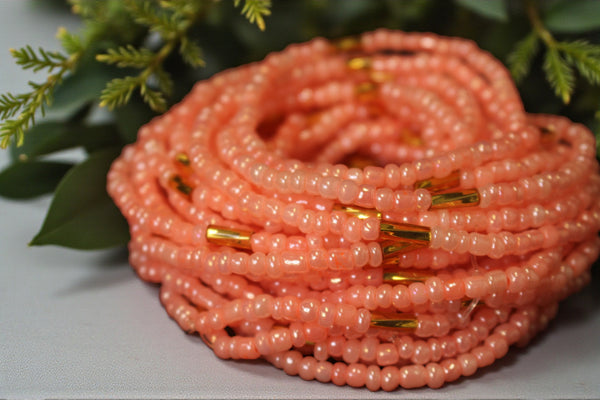 Waist Beads / Afrikaanse Heupketting - OSAZE - Perzik / gold (elastisch)