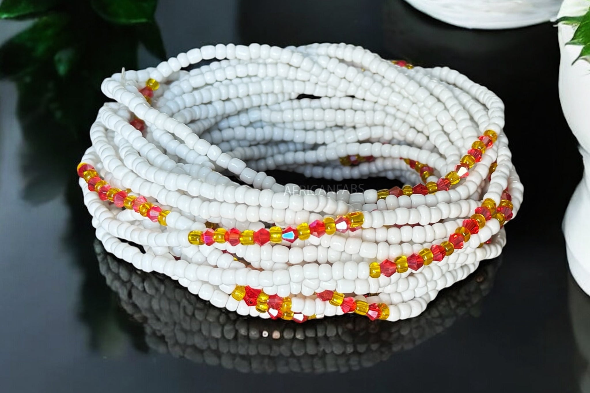 Waist Beads / African Waist Chain - ADU - White / red (elastic)