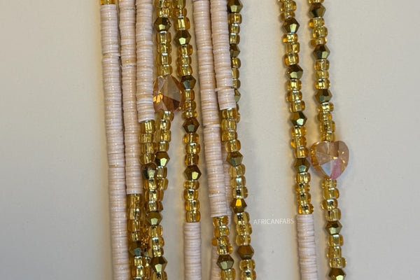 Waist Beads / Afrikaanse Heupketting - Osato - Beige / goud (Traditioneel niet-elastisch koord)