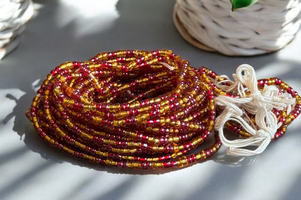 Waist Beads / Afrikaanse Heupketting -  Bobo - Rood / goud (Traditioneel niet-elastisch koord)
