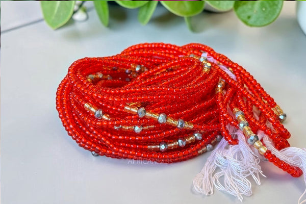 Waist Beads / African Hip Chain - Red Adanna (Traditional non-elastic string)