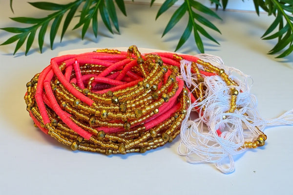 Waist Beads / African Hip Chain - Osatome - Coral pink-red with gold (Traditional non-elastic string)