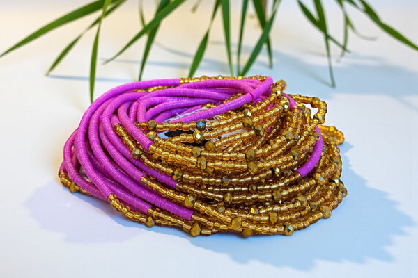 Waist Beads / Afrikaanse Heupketting - Kelso - Paars / goud (Traditioneel niet-elastisch koord)
