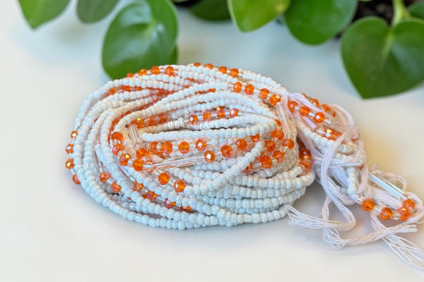 Waist Beads / African Hip Chain - White Orange Ifunanya (Traditional non-elastic string)