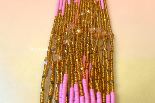 Waist Beads / African Hip Chain - Gold Pink Crystal Adaeze (Traditional non-elastic string)