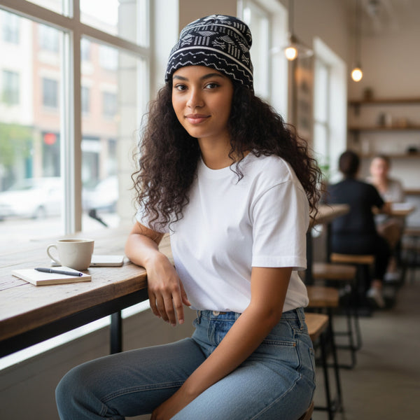 Bonnet à Motifs Africains - Noir Blanc Bogolan