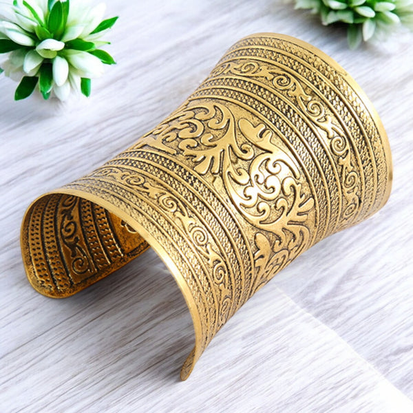 African style Bangle Cuff Bracelet - Flower - Gold