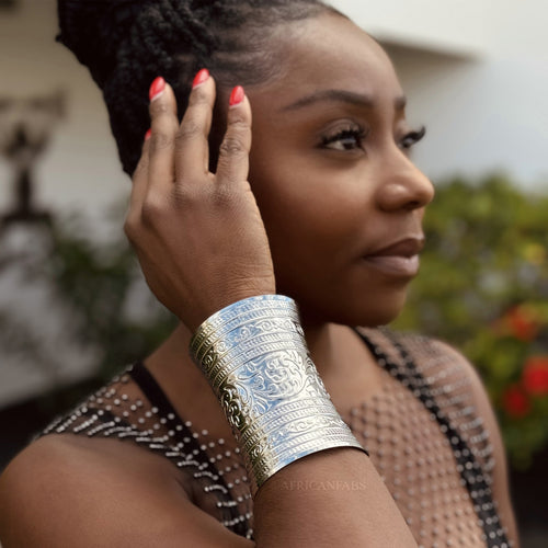 African style Bangle Cuff Bracelet - Flower - Silver