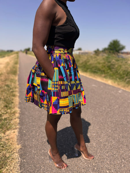 Mini-jupe à imprimé africain - Multicolor kente violet