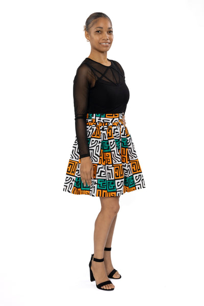 Afrikaanse print mini rok - Petrol Geel Kuba Blocks Congo