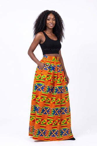 Afrikaanse print maxi rok - Verstelbare split - Blauw Oranje Kente