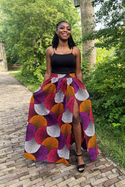 Afrikaanse print maxi rok - Oranje & Paars Concentric Circle Design