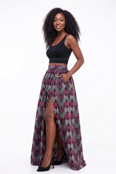 African print maxi skirt - Adjustable slit - Purple White Dots