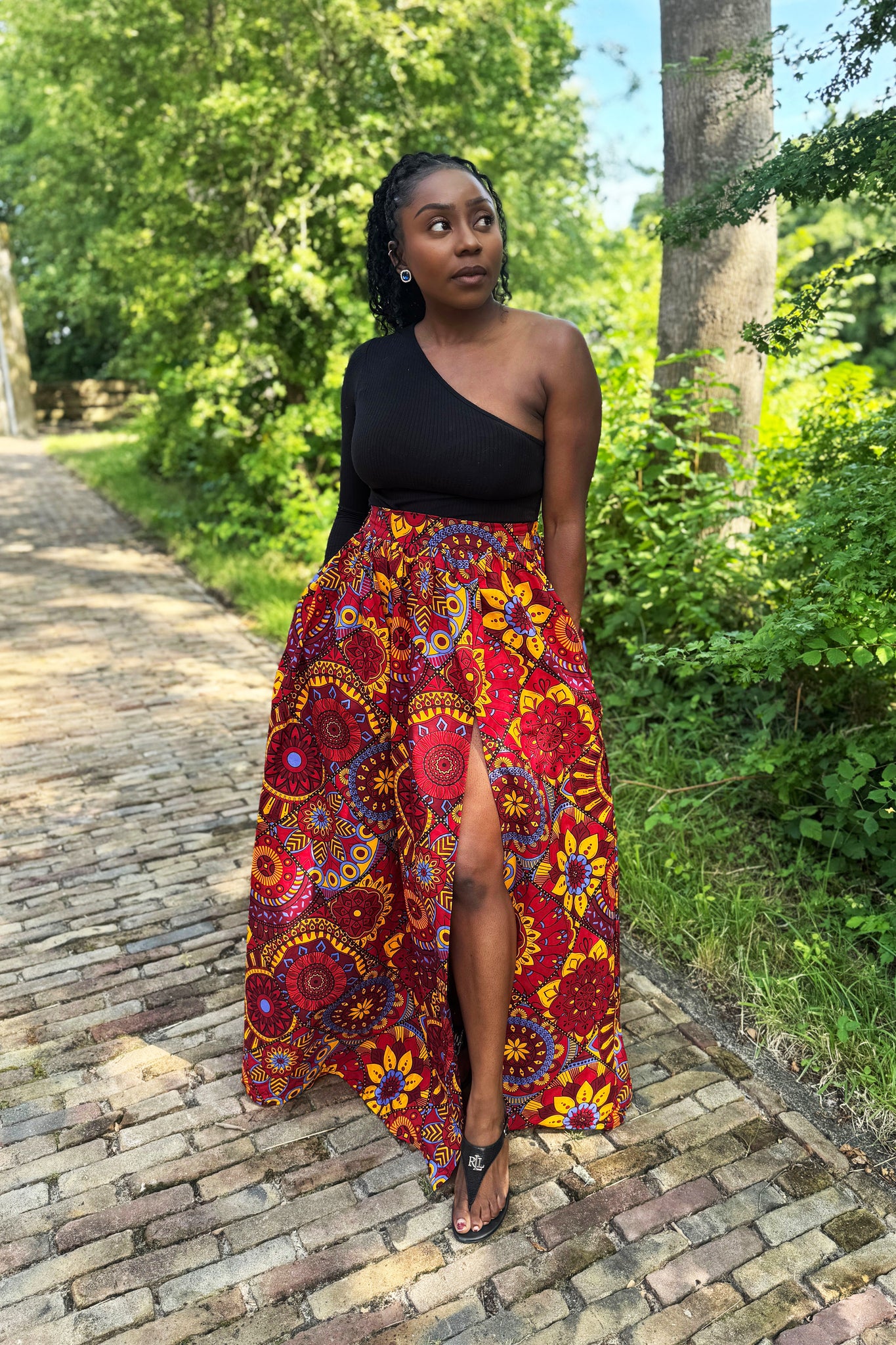 African print maxi skirt - Red & Yellow Mandala Patchwork