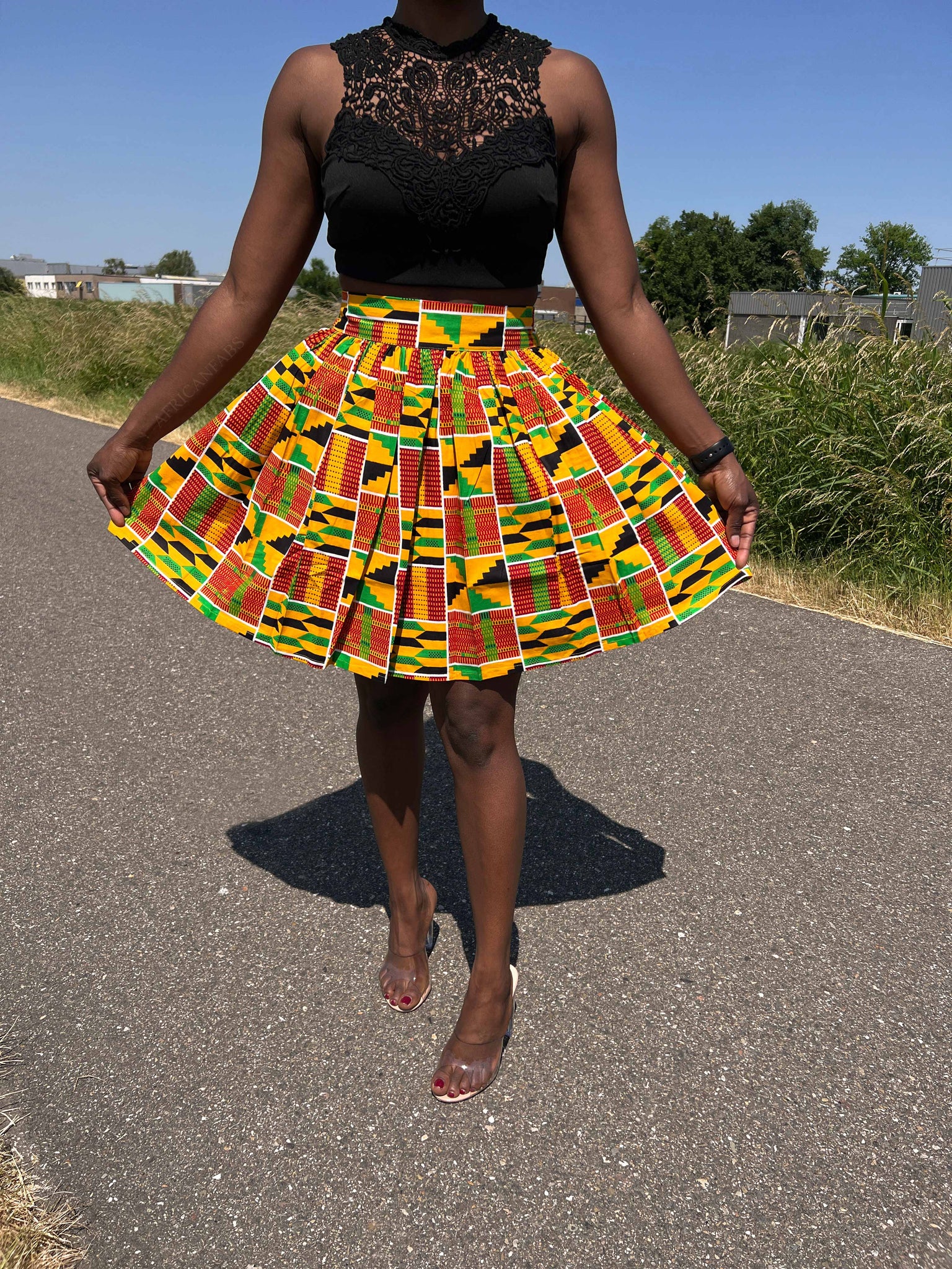 Afrikaanse print mini rok - Kente oranje/groen