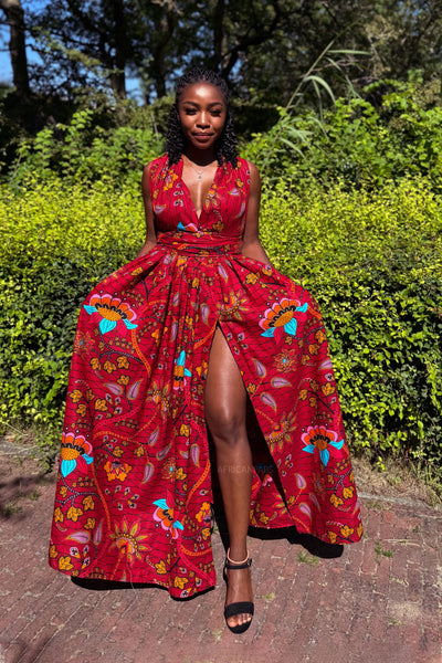 Robe longue multiway Infinity à imprimé africain - Rouge foncé & Jaune Botanical Flow