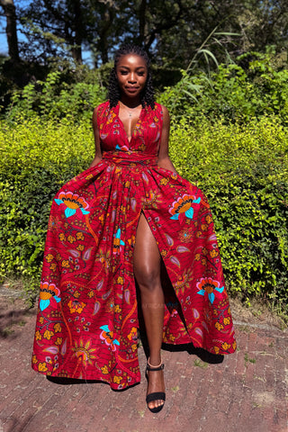 Robe longue multiway Infinity à imprimé africain - Rouge foncé & Jaune Botanical Flow