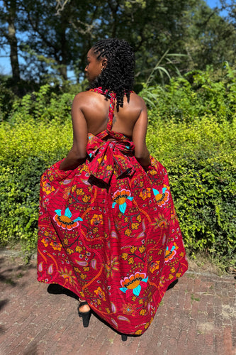Robe longue multiway Infinity à imprimé africain - Rouge foncé & Jaune Botanical Flow
