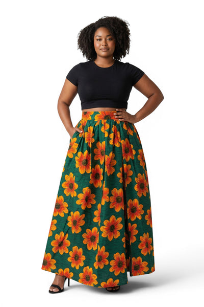 African print maxi skirt - Adjustable slit - Green Orange Sunflower