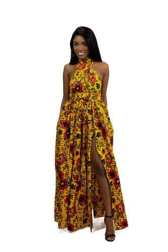 African Print Yellow Flowers Infinity Multiway Maxi Dress