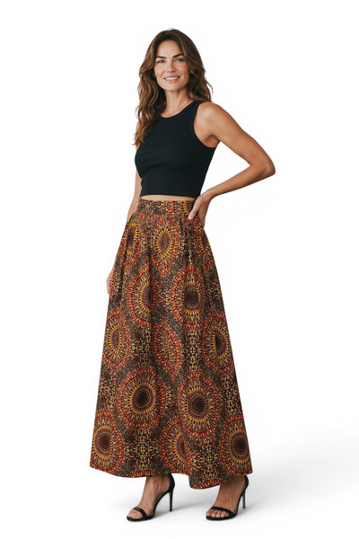 Jupe longue africaine imprimée - Fente réglable - Marron Sunburst