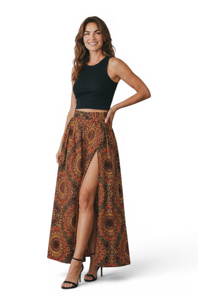 African print maxi skirt - Adjustable slit - Brown Sunburst