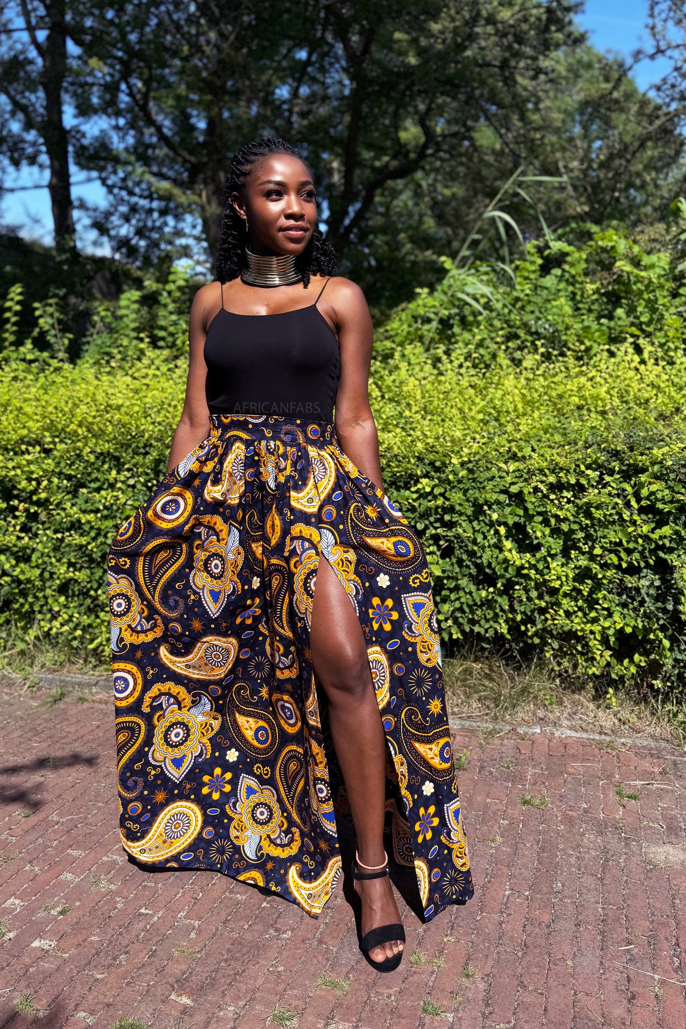 Afrikaanse print maxi rok - Marineblauw Geel Paisley