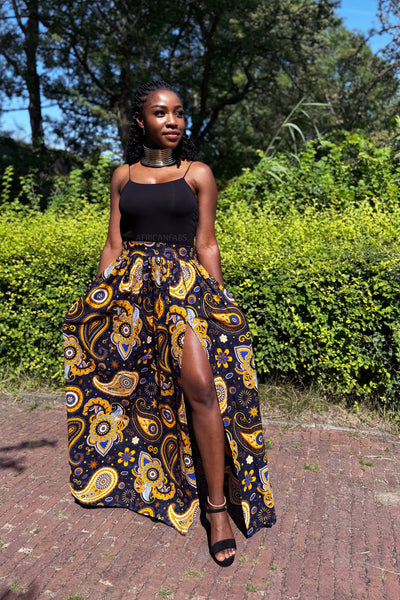 Afrikaanse print maxi rok - Marineblauw Geel Paisley