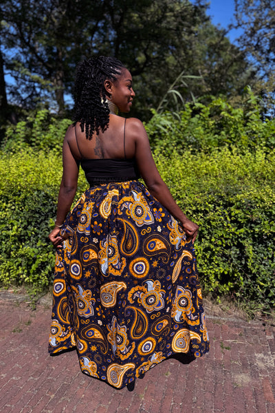 Afrikaanse print maxi rok - Marineblauw Geel Paisley