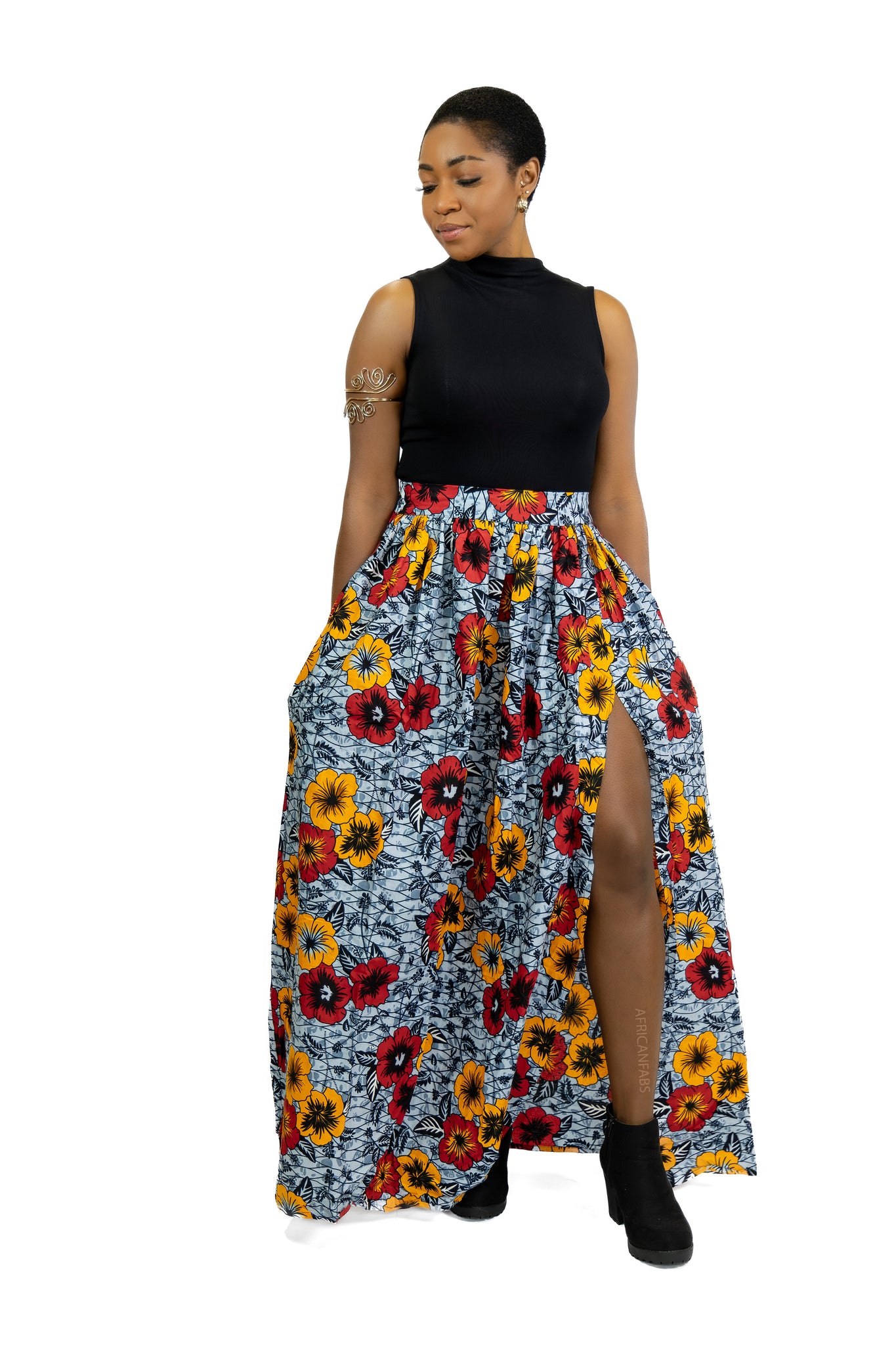 Afrikaanse print maxi rok - Lichtgrijze Flowers 