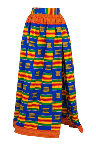 African print maxi skirt - Adjustable slit - Blue Multicolor Kente Pride
