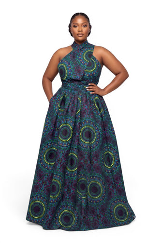 Robe longue africaine Infinity Multiway - Fente réglable - Bleu Vert Safari Mosaic