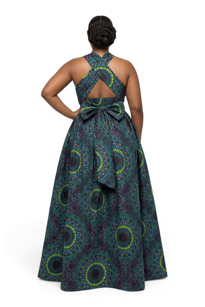 Robe longue africaine Infinity Multiway - Fente réglable - Bleu Vert Safari Mosaic