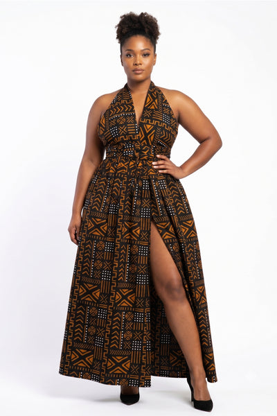 Robe longue africaine Infinity Multiway - Fente réglable - Noir Orange Bogolan Spirit