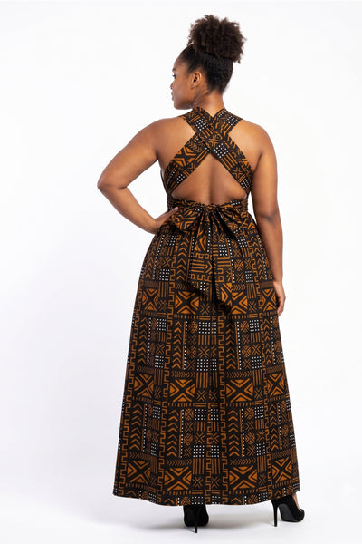 Robe longue africaine Infinity Multiway - Fente réglable - Noir Orange Bogolan Spirit