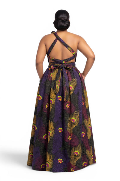 Robe longue africaine Infinity Multiway - Fente réglable - Violet Jaune Royal Peacock