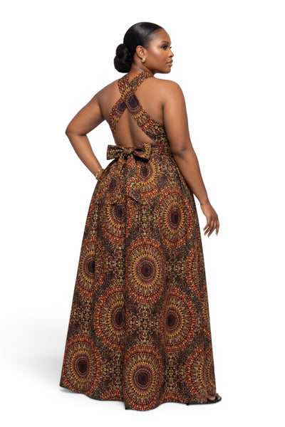 Robe longue africaine Infinity Multiway - Fente réglable - Marron Savanna Sun