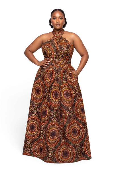 African Print Infinity Multiway Maxi Dress - Adjustable Slit - Brown Savanna Sun