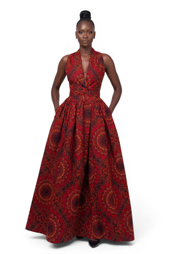 Robe longue africaine Infinity Multiway - Fente réglable - Rouge Sunfire Bloom