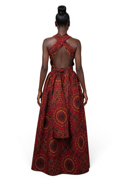 Robe longue africaine Infinity Multiway - Fente réglable - Rouge Sunfire Bloom